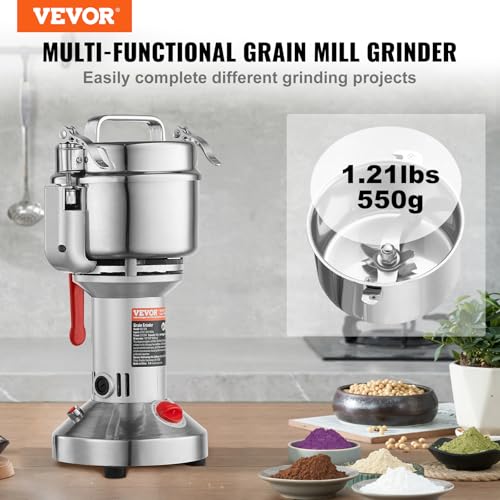 VEVOR 550g Electric Grain Mill Grinder, High Speed 2000W Commercial Spice Grinders, Stainless Steel Pulverizer Powder Machine, for Dry Grains Spices Cereals Coffee Corn Pepper, Straight Type - My Kitchen Products