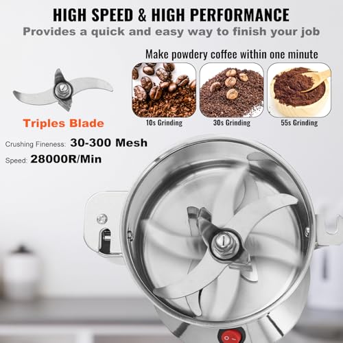 VEVOR 550g Electric Grain Mill Grinder, High Speed 2000W Commercial Spice Grinders, Stainless Steel Pulverizer Powder Machine, for Dry Grains Spices Cereals Coffee Corn Pepper, Straight Type - My Kitchen Products