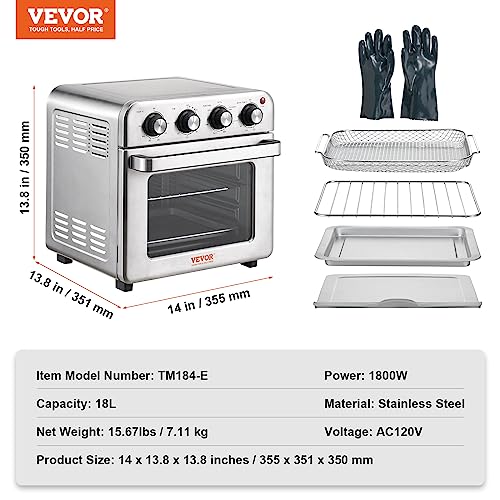 VEVOR 7-IN-1 Air Fryer Toaster Oven, 18L Convection Oven, 1800W Stainless Steel Toaster Ovens Countertop Combo with Grill, Pizza Pan, Gloves, 6 Slices Toast, 10-inch Pizza, Home Use - My Kitchen Products
