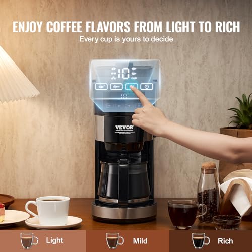 VEVOR Coffee Maker with Grinder, 10 Cup Coffee Machine, Grind and Brew Coffee Maker with 3 Brew Strength Control, Adjustable Grinding Coarseness, for Home Office Restaurant - My Kitchen Products