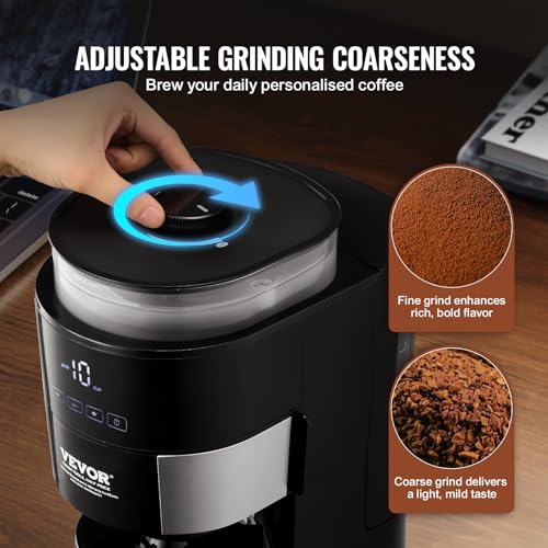 VEVOR Coffee Maker with Grinder, 10 Cup Coffee Machine, Grind and Brew Coffee Maker with 3 Brew Strength Control, Adjustable Grinding Coarseness, for Home Office Restaurant - My Kitchen Products