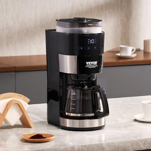 VEVOR Coffee Maker with Grinder, 10 Cup Coffee Machine, Grind and Brew Coffee Maker with 3 Brew Strength Control, Adjustable Grinding Coarseness, for Home Office Restaurant - My Kitchen Products