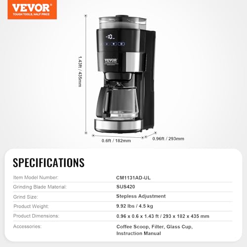 VEVOR Coffee Maker with Grinder, 10 Cup Coffee Machine, Grind and Brew Coffee Maker with 3 Brew Strength Control, Adjustable Grinding Coarseness, for Home Office Restaurant - My Kitchen Products