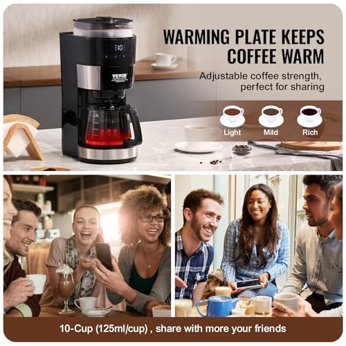 VEVOR Coffee Maker with Grinder, 10 Cup Coffee Machine, Grind and Brew Coffee Maker with 3 Brew Strength Control, Adjustable Grinding Coarseness, for Home Office Restaurant - My Kitchen Products