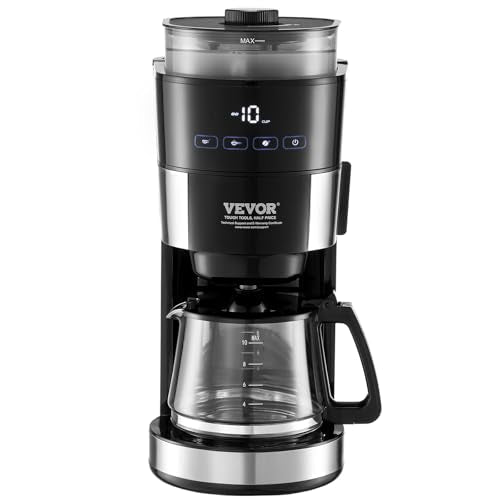 VEVOR Coffee Maker with Grinder, 10 Cup Coffee Machine, Grind and Brew Coffee Maker with 3 Brew Strength Control, Adjustable Grinding Coarseness, for Home Office Restaurant - My Kitchen Products