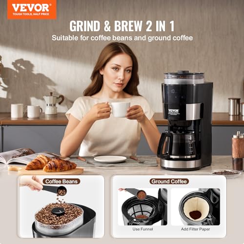 VEVOR Coffee Maker with Grinder, 10 Cup Coffee Machine, Grind and Brew Coffee Maker with 3 Brew Strength Control, Adjustable Grinding Coarseness, for Home Office Restaurant - My Kitchen Products