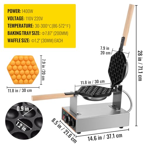 VEVOR Commercial Bubble Waffle Maker, 1400W Egg Bubble Puff Iron w/ 180° Rotatable 2 Pans & Wooden Handles, Stainless Steel Baker w/Non-Stick Teflon Coating, 50-250℃/122-482℉ Adjustable - My Kitchen Products