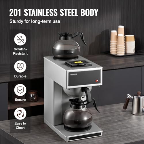 VEVOR Commercial Drip Coffee Maker, 12 Cups Coffee-Maker Machine with 2 Glass Carafes and 2 Decanter Warmer Plates, Stainless Steel Drip Style Coffee Brewer, for Restaurant, Office, Coffee Shop & Home - My Kitchen Products