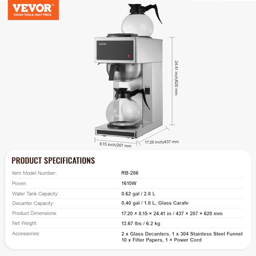 VEVOR Commercial Drip Coffee Maker, 12 Cups Coffee-Maker Machine with 2 Glass Carafes and 2 Decanter Warmer Plates, Stainless Steel Drip Style Coffee Brewer, for Restaurant, Office, Coffee Shop & Home - My Kitchen Products