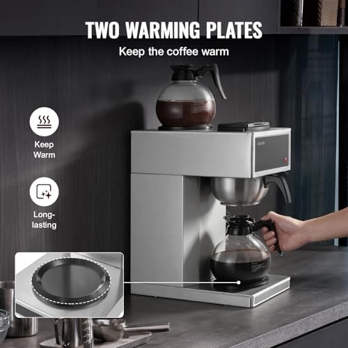 VEVOR Commercial Drip Coffee Maker, 12 Cups Coffee-Maker Machine with 2 Glass Carafes and 2 Decanter Warmer Plates, Stainless Steel Drip Style Coffee Brewer, for Restaurant, Office, Coffee Shop & Home - My Kitchen Products