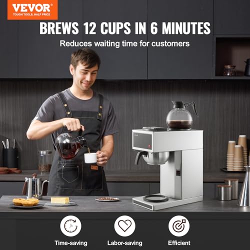 VEVOR Commercial Drip Coffee Maker, 12 Cups Coffee-Maker Machine with 2 Glass Carafes and 2 Decanter Warmer Plates, Stainless Steel Drip Style Coffee Brewer, for Restaurant, Office, Coffee Shop & Home - My Kitchen Products