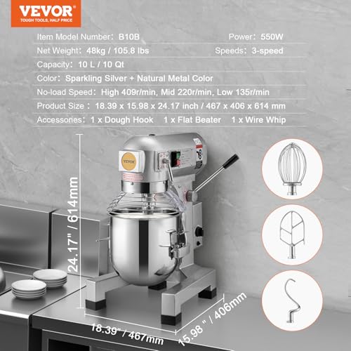 VEVOR Commercial Food Mixer 10Qt, Commercial Mixer with 3 Adjustable Speeds, 550W Dough Mixer,Commercial Stand Mixer with Stainless Steel Bowl - My Kitchen Products