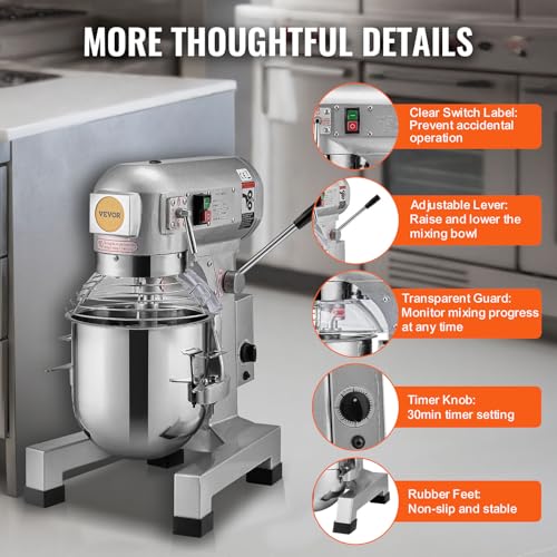 VEVOR Commercial Food Mixer 10Qt, Commercial Mixer with 3 Adjustable Speeds, 550W Dough Mixer,Commercial Stand Mixer with Stainless Steel Bowl - My Kitchen Products