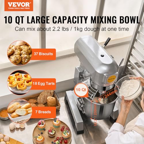 VEVOR Commercial Food Mixer 10Qt, Commercial Mixer with 3 Adjustable Speeds, 550W Dough Mixer,Commercial Stand Mixer with Stainless Steel Bowl - My Kitchen Products
