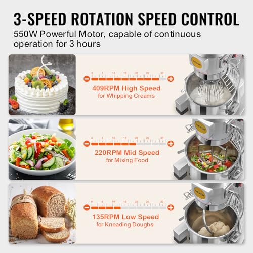 VEVOR Commercial Food Mixer 10Qt, Commercial Mixer with 3 Adjustable Speeds, 550W Dough Mixer,Commercial Stand Mixer with Stainless Steel Bowl - My Kitchen Products