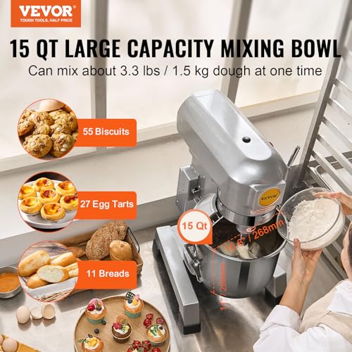 VEVOR Commercial Food Mixer, 15Qt Capacity with Timer, 500W Stainless Bowl Durable Electric Mixer for Commercial Use, 3 Speed Options 113/184/341 RPM, Includes Dough Hook & Whisk - My Kitchen Products