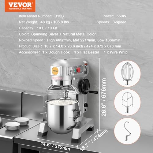 VEVOR Commercial Food Mixer, 15Qt Capacity with Timer, 500W Stainless Bowl Durable Electric Mixer for Commercial Use, 3 Speed Options 113/184/341 RPM, Includes Dough Hook & Whisk - My Kitchen Products