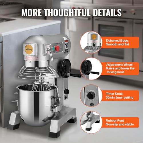 VEVOR Commercial Food Mixer, 15Qt Capacity with Timer, 500W Stainless Bowl Durable Electric Mixer for Commercial Use, 3 Speed Options 113/184/341 RPM, Includes Dough Hook & Whisk - My Kitchen Products