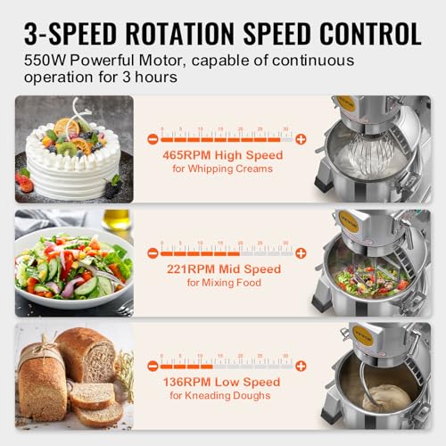 VEVOR Commercial Food Mixer, 15Qt Capacity with Timer, 500W Stainless Bowl Durable Electric Mixer for Commercial Use, 3 Speed Options 113/184/341 RPM, Includes Dough Hook & Whisk - My Kitchen Products