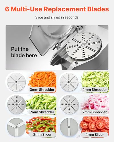 VEVOR Commercial Food Processor 2 Feeding Holes, 550W Electric Vegetable Slicer 1600 RPM, Stainless Steel Vegetable Processor Detachable 6-blades, 3mm/4mm/7mm Shred, 2mm/4mm Slice - My Kitchen Products