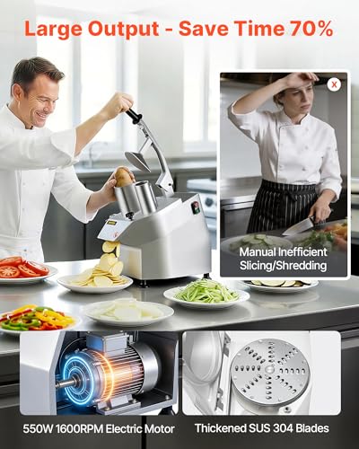 VEVOR Commercial Food Processor 2 Feeding Holes, 550W Electric Vegetable Slicer 1600 RPM, Stainless Steel Vegetable Processor Detachable 6-blades, 3mm/4mm/7mm Shred, 2mm/4mm Slice - My Kitchen Products