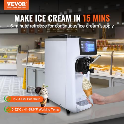VEVOR Commercial Ice Cream Machine, 1000W Single Flavor Soft Serve Ice Cream Maker, 10.6 QT/H Yield, 4L Hopper & 1.6L Cylinder, Touch Screen, Auto Clean & Pre-Cooling, Countertop Restaurant Snack Bar - My Kitchen Products