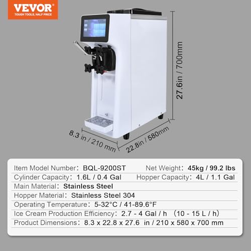 VEVOR Commercial Ice Cream Machine, 1000W Single Flavor Soft Serve Ice Cream Maker, 10.6 QT/H Yield, 4L Hopper & 1.6L Cylinder, Touch Screen, Auto Clean & Pre-Cooling, Countertop Restaurant Snack Bar - My Kitchen Products