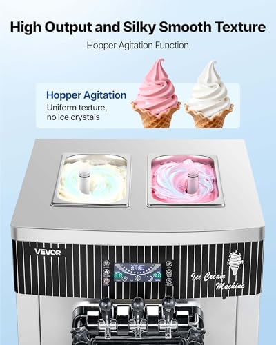 VEVOR Commercial Ice Cream Machine, 20-28L/H Yield, 2200W 3-Flavor Freestanding Soft Serve Ice Cream Maker with 2 x 6L Hoppers & Hopper Agitation, Pre-Cooling Self-Cleaning for Snack Dessert Shops - My Kitchen Products