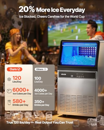 VEVOR Commercial Ice Maker Machine, 120 lbs/24H Ice Production, 33 lbs Storage Bin, 45 Cubes per Cycle, Stainless Steel Under Counter & Freestanding Ice Maker with LED Display, for Home Bar Restaurant - My Kitchen Products