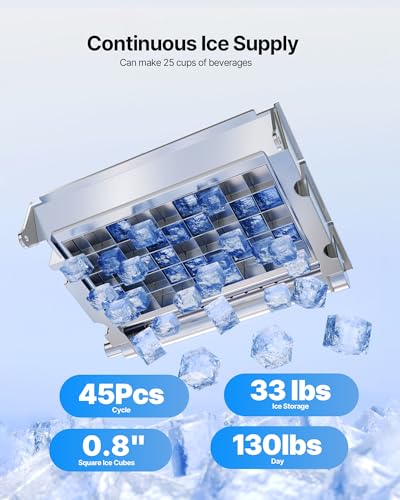 VEVOR Commercial Ice Maker Machine, 130Lbs/24H with 33Lbs Storage, 45 Cubes per Cycle, Stainless Steel Freestanding & Under Counter Ice Maker with LED Display & Self-Cleaning, for Home Bar Restaurant - My Kitchen Products