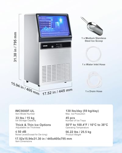 VEVOR Commercial Ice Maker Machine, 130Lbs/24H with 33Lbs Storage, 45 Cubes per Cycle, Stainless Steel Freestanding & Under Counter Ice Maker with LED Display & Self-Cleaning, for Home Bar Restaurant - My Kitchen Products
