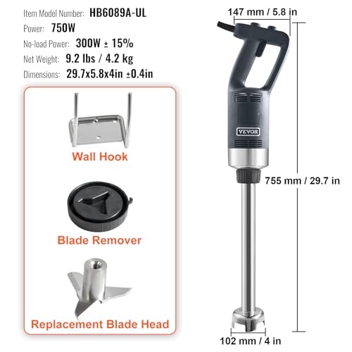 VEVOR Commercial Immersion Blender, 750W 16" Heavy Duty Hand Mixer, Variable Speed Kitchen Stick Mixer with 304 Stainless Steel Blade, Multi-Purpose Portable Mixer for Soup, Smoothie, Puree, Baby Food - My Kitchen Products
