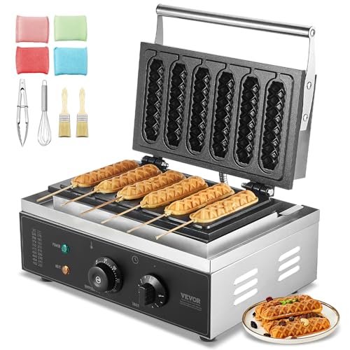 VEVOR Commercial Waffle Stick Maker, 6PCS 1500W Waffle Baker Machine, Non-Stick Stainless Steel Corn Hot Dog Waffle Iron with Temp and Time Control, Handle, for Restaurant Bakery Snack Bar Family - My Kitchen Products
