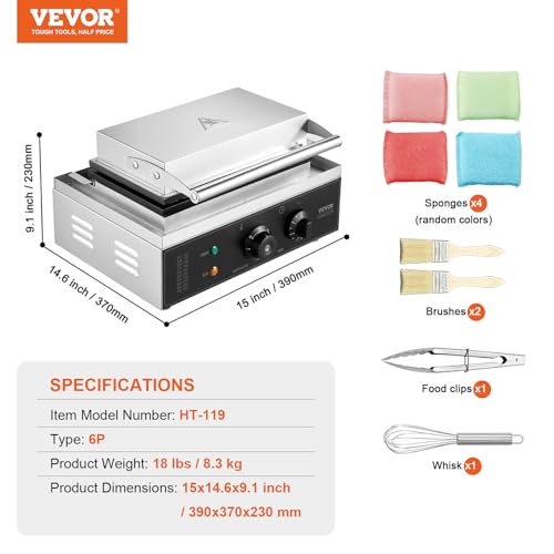VEVOR Commercial Waffle Stick Maker, 6PCS 1500W Waffle Baker Machine, Non-Stick Stainless Steel Corn Hot Dog Waffle Iron with Temp and Time Control, Handle, for Restaurant Bakery Snack Bar Family - My Kitchen Products
