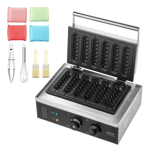 VEVOR Commercial Waffle Stick Maker, 6PCS 1500W Waffle Baker Machine, Non-Stick Stainless Steel Corn Hot Dog Waffle Iron with Temp and Time Control, Handle, for Restaurant Bakery Snack Bar Family - My Kitchen Products