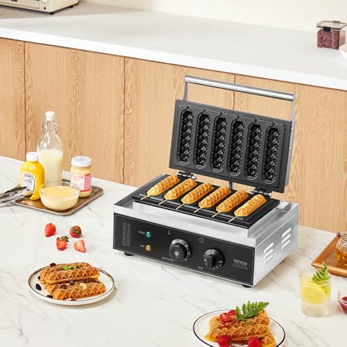 VEVOR Commercial Waffle Stick Maker, 6PCS 1500W Waffle Baker Machine, Non-Stick Stainless Steel Corn Hot Dog Waffle Iron with Temp and Time Control, Handle, for Restaurant Bakery Snack Bar Family - My Kitchen Products