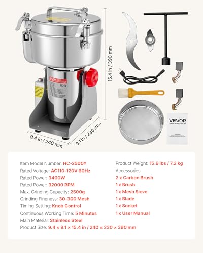 VEVOR Electric Grain Mill Grinder, 3400W 2500G Spice Corn Dry Grinding Machine, 32000RPM High Speed Stainless Steel Pulverizer Powder Machine for Dried Grain Coffee Bean Spice Nut (270° Swing Type) - My Kitchen Products