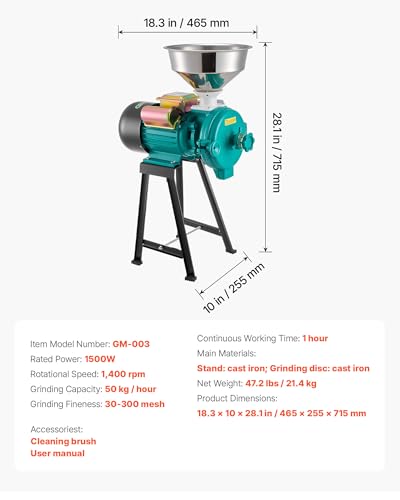 VEVOR Electric Grain Mill Grinder, Commercial Spice Grinders, 1500W Cast Iron Pulverizer Powder Machine with Non-Slip Rubber Feet, for Dry Grains, Spices, Cereals, Coffee, Corn & Pepper - My Kitchen Products