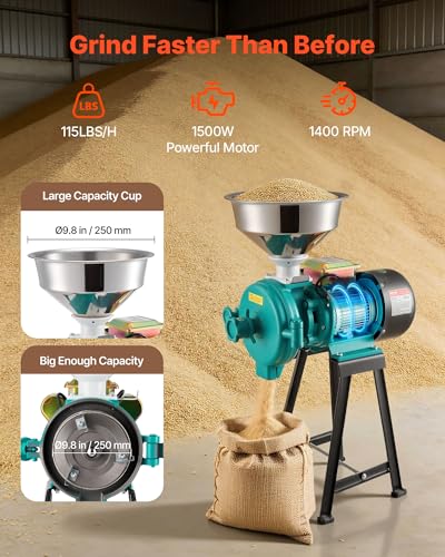 VEVOR Electric Grain Mill Grinder, Commercial Spice Grinders, 1500W Cast Iron Pulverizer Powder Machine with Non-Slip Rubber Feet, for Dry Grains, Spices, Cereals, Coffee, Corn & Pepper - My Kitchen Products