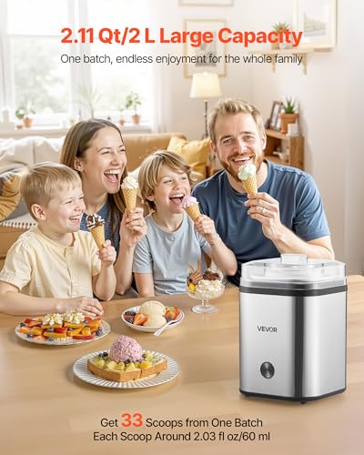 VEVOR Ice Cream Maker, 2.11 Qt. Large Capacity, Electric Automatic Ice-Cream Machine, with Easy Operation & Cleaning, Stainless Steel Shell, for Homemade Frozen Yogurt, Fruit Sorbet, Gelato, Silver - My Kitchen Products
