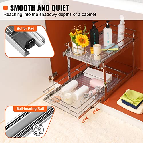 VEVOR Pull Out Cabinet Organizer, 14" Wx21.2 Dx15.2 H Heavy 2 Tier Duty Slide Out Pantry Shelves, Chrome-Plated Steel Roll Out Drawer for Under Sink, 15.5" Wx22.5 Dx19 H Install Size for Cabinet - My Kitchen Products