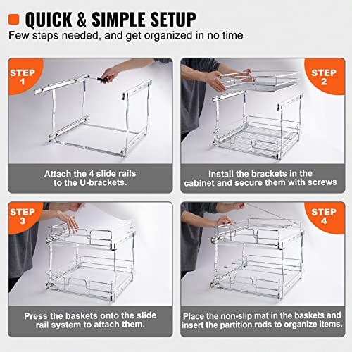 VEVOR Pull Out Cabinet Organizer, 14" Wx21.2 Dx15.2 H Heavy 2 Tier Duty Slide Out Pantry Shelves, Chrome-Plated Steel Roll Out Drawer for Under Sink, 15.5" Wx22.5 Dx19 H Install Size for Cabinet - My Kitchen Products