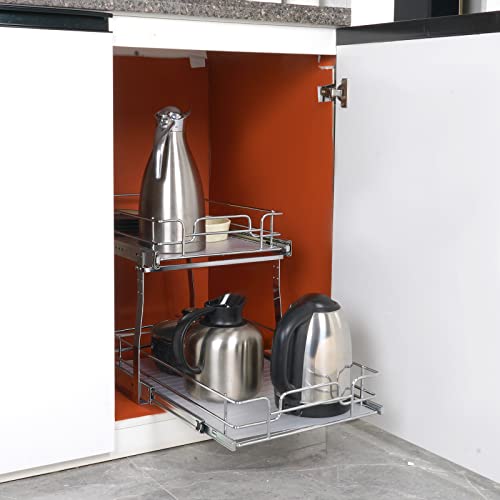 VEVOR Pull Out Cabinet Organizer, 14" Wx21.2 Dx15.2 H Heavy 2 Tier Duty Slide Out Pantry Shelves, Chrome-Plated Steel Roll Out Drawer for Under Sink, 15.5" Wx22.5 Dx19 H Install Size for Cabinet - My Kitchen Products