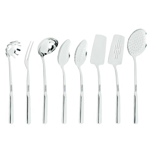 Viking Kitchen Utensils Set, 8 Piece Stainless Steel Cooking Utensil Set, Includes Spatulas, Spoons, Pasta Fork, Deep Ladle, Meat Fork, and Skimmer, Silver - My Kitchen Products