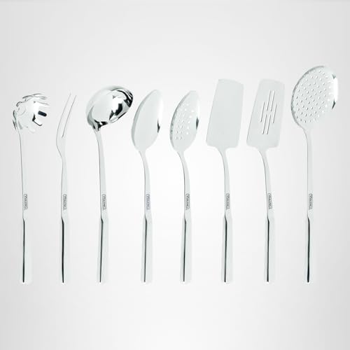 Viking Kitchen Utensils Set, 8 Piece Stainless Steel Cooking Utensil Set, Includes Spatulas, Spoons, Pasta Fork, Deep Ladle, Meat Fork, and Skimmer, Silver - My Kitchen Products