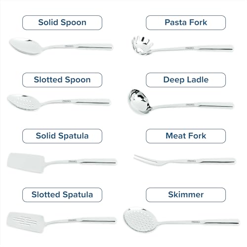 Viking Kitchen Utensils Set, 8 Piece Stainless Steel Cooking Utensil Set, Includes Spatulas, Spoons, Pasta Fork, Deep Ladle, Meat Fork, and Skimmer, Silver - My Kitchen Products