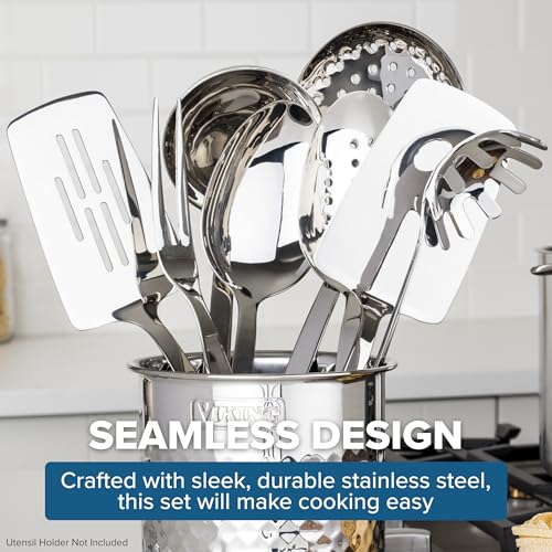 Viking Kitchen Utensils Set, 8 Piece Stainless Steel Cooking Utensil Set, Includes Spatulas, Spoons, Pasta Fork, Deep Ladle, Meat Fork, and Skimmer, Silver - My Kitchen Products