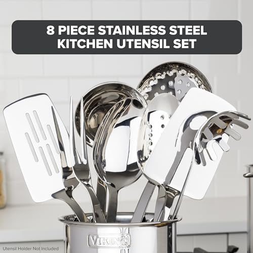 Viking Kitchen Utensils Set, 8 Piece Stainless Steel Cooking Utensil Set, Includes Spatulas, Spoons, Pasta Fork, Deep Ladle, Meat Fork, and Skimmer, Silver - My Kitchen Products