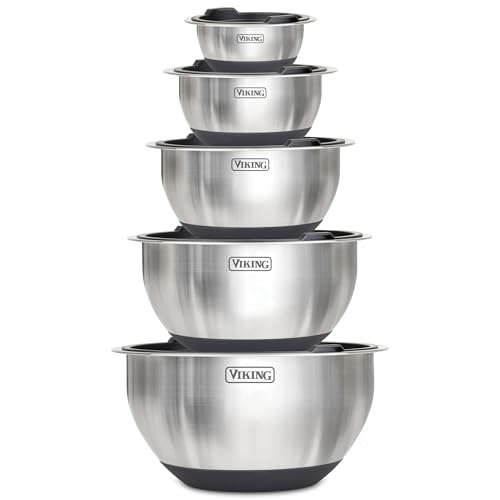 Viking Mixing Bowls Set, 10 Piece Stainless Steel Kitchen Cookware, Non-Slip Silicone Base, Includes Tight Fit Lids, Dishwasher Safe, Black - My Kitchen Products