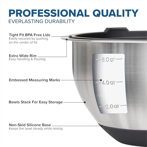 Viking Mixing Bowls Set, 10 Piece Stainless Steel Kitchen Cookware, Non-Slip Silicone Base, Includes Tight Fit Lids, Dishwasher Safe, Black - My Kitchen Products